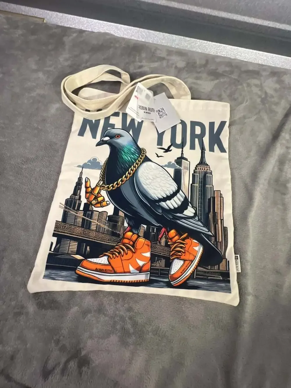 Robin Ruth New York Pigeon with Sneaker and Gold Chain Tote Bag